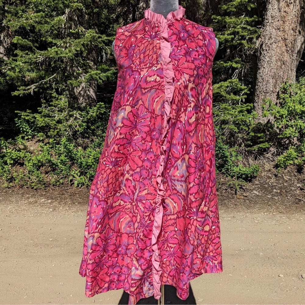 Vintage 60s 70s Hawaiian Floral Butterfly Dress S Pineapple Tiki Ruffle A-Line